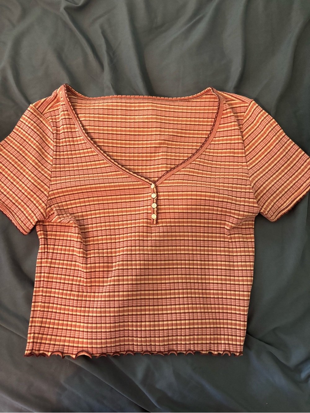 American Eagle Outfitters Rust & Cream Striped Henley Crop Top